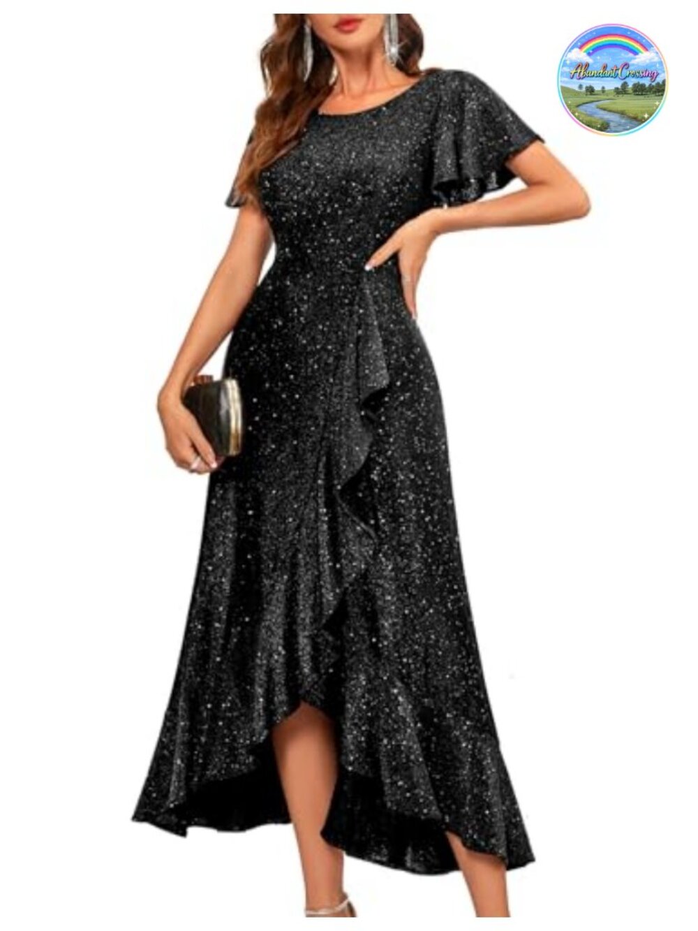 BeryLove Sequin High Low Formal Dress Flutter Sleeve Wedding Guest